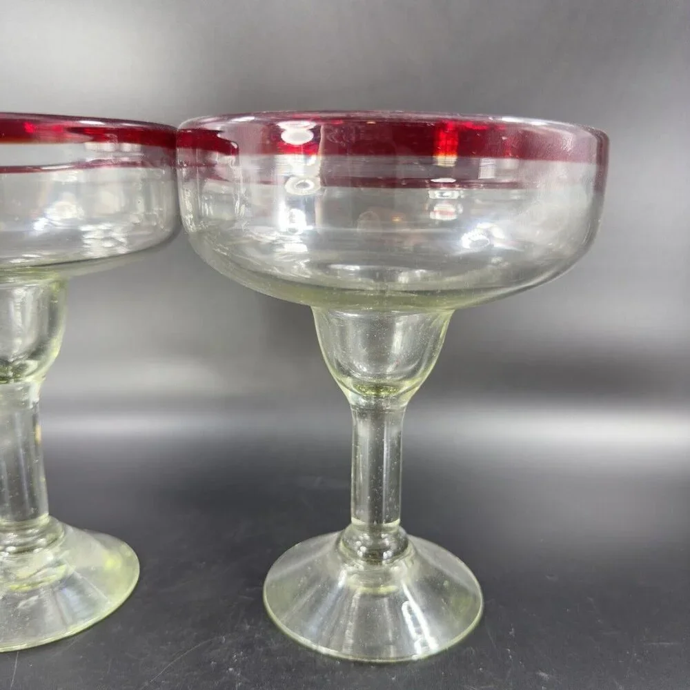 Hand Blown Clear Margarita Drinking Glasses Set 2 With Red Edges Hand Made Glass